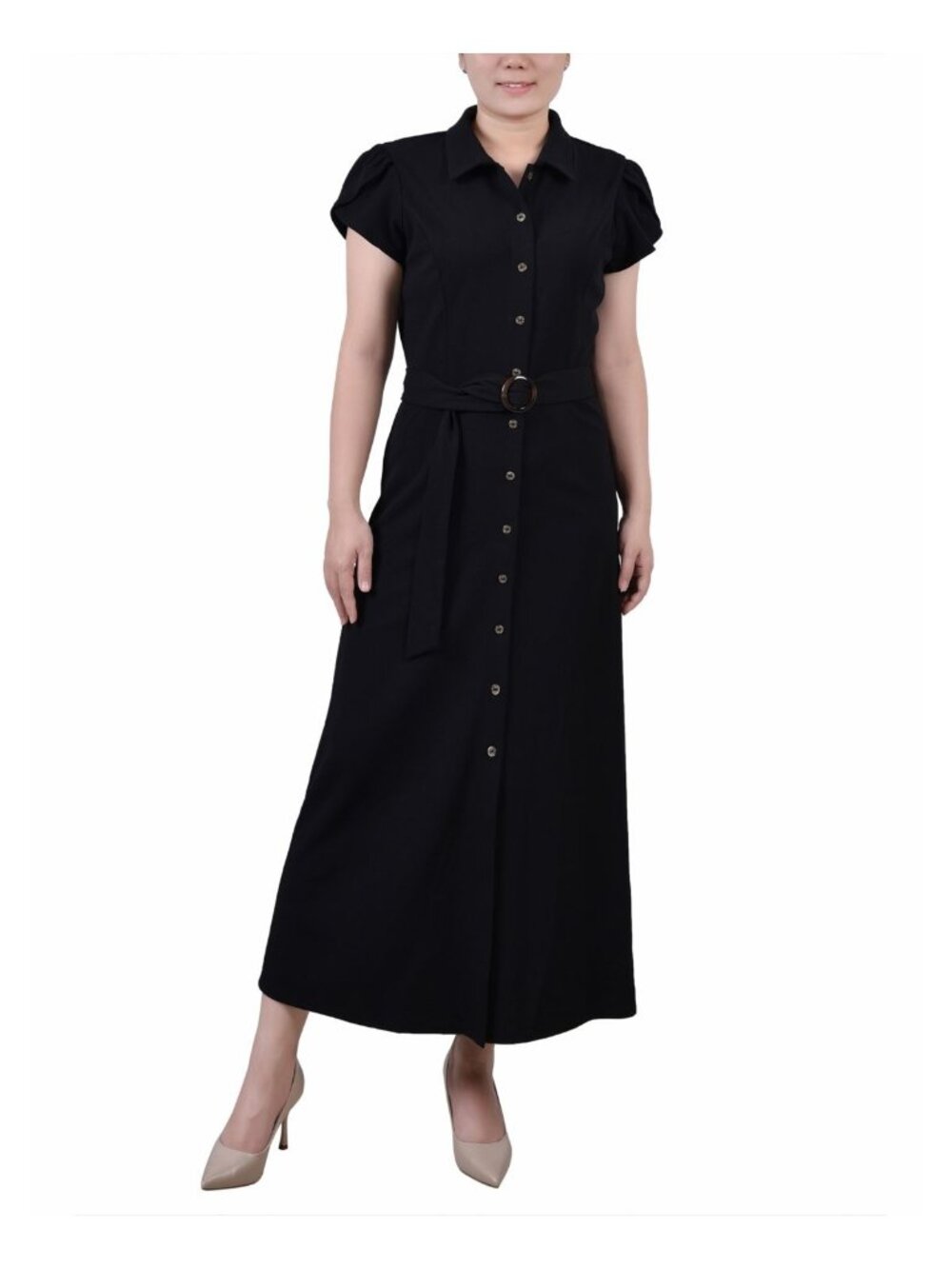 NY Collection Womens Petites Belted Polyester Shirtdress Black Size PS NWT